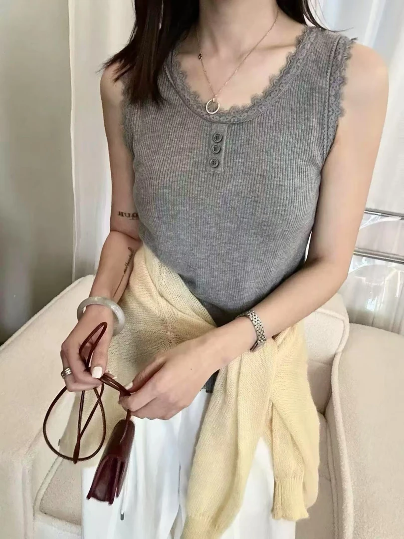 韩版时尚百搭蕾丝花边背心搭配小西装打底衫显瘦修身上衣小衫1435