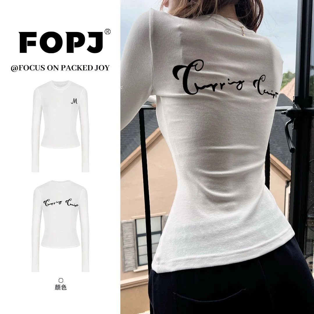 FOPJ美式辣妹纯欲风字母印花圆领白色长袖t恤女修身显瘦打底上衣