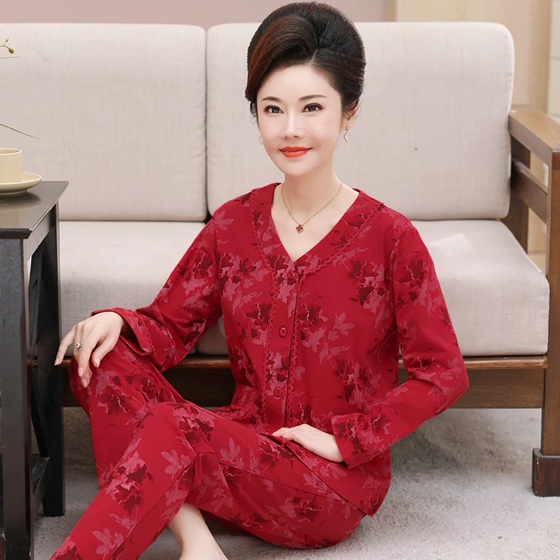 睡衣女士春秋款纯棉长袖秋季2025新款中年妈妈秋冬薄款大红家居服