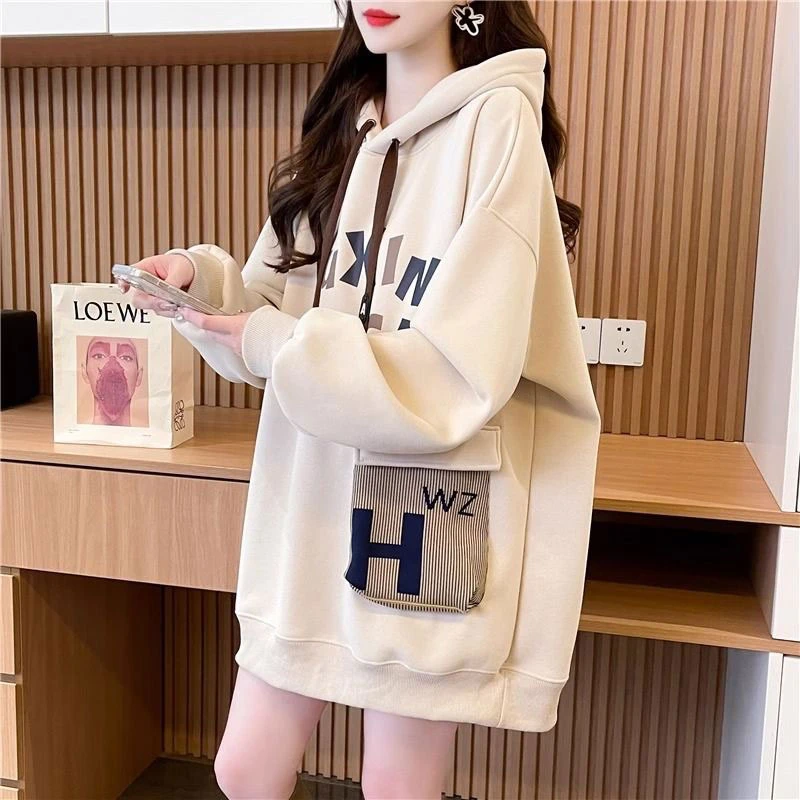 纯棉中长款连帽卫衣女2025新款春秋季韩版宽松薄款慵懒风上衣外套