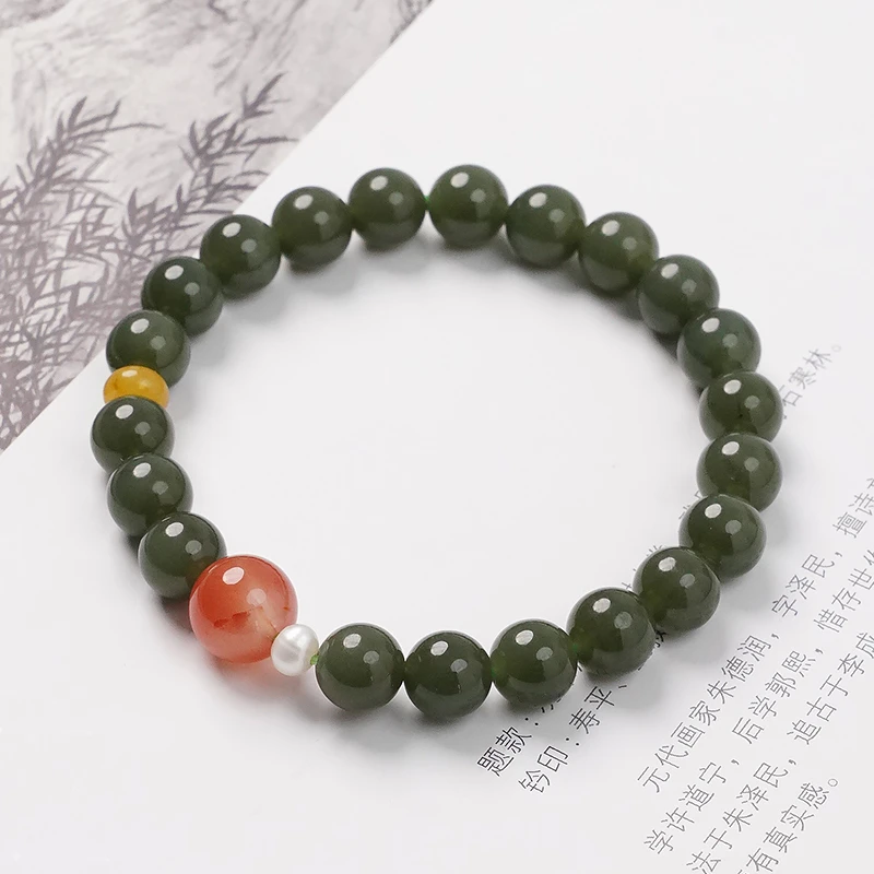 原创设计单圈和田玉南红玛瑙淡水珍珠蜜蜡女手串珠手链-8994