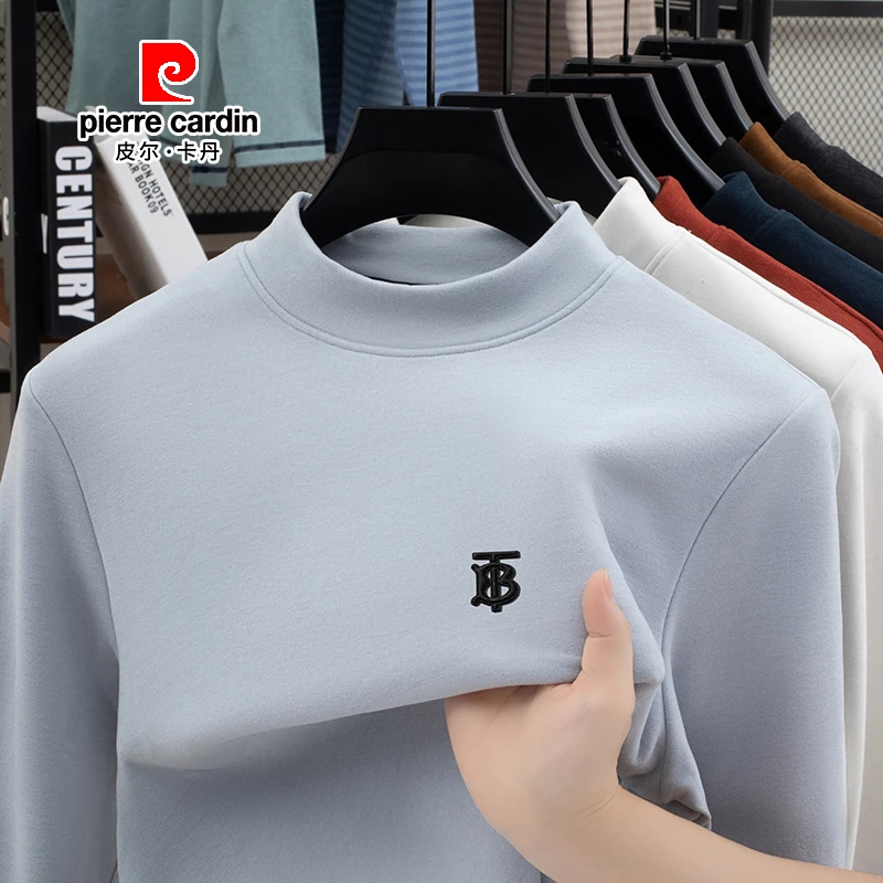 皮尔卡丹男士t恤半高领加厚休闲卫衣内搭高端德绒上衣保暖打底衫