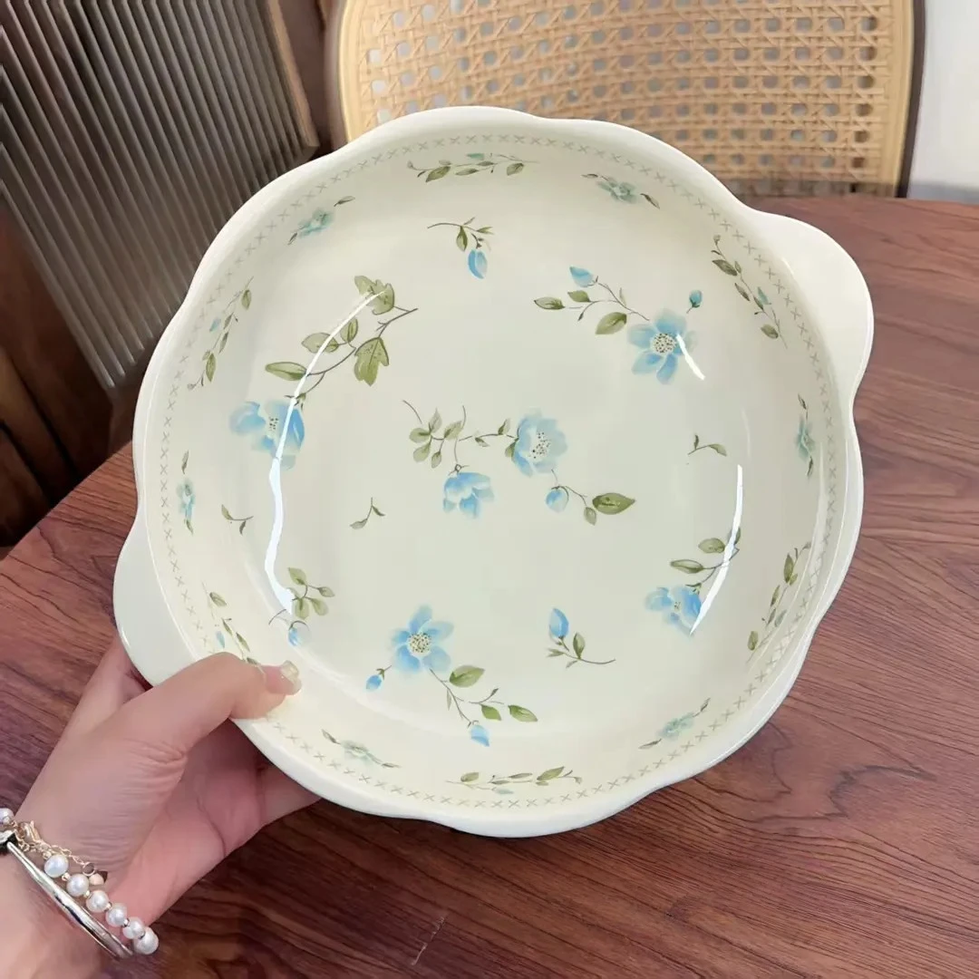 小清新汤碗兰玲花家用酸菜鱼汤碗双耳汤碗陶瓷餐具汤碗大容量复古