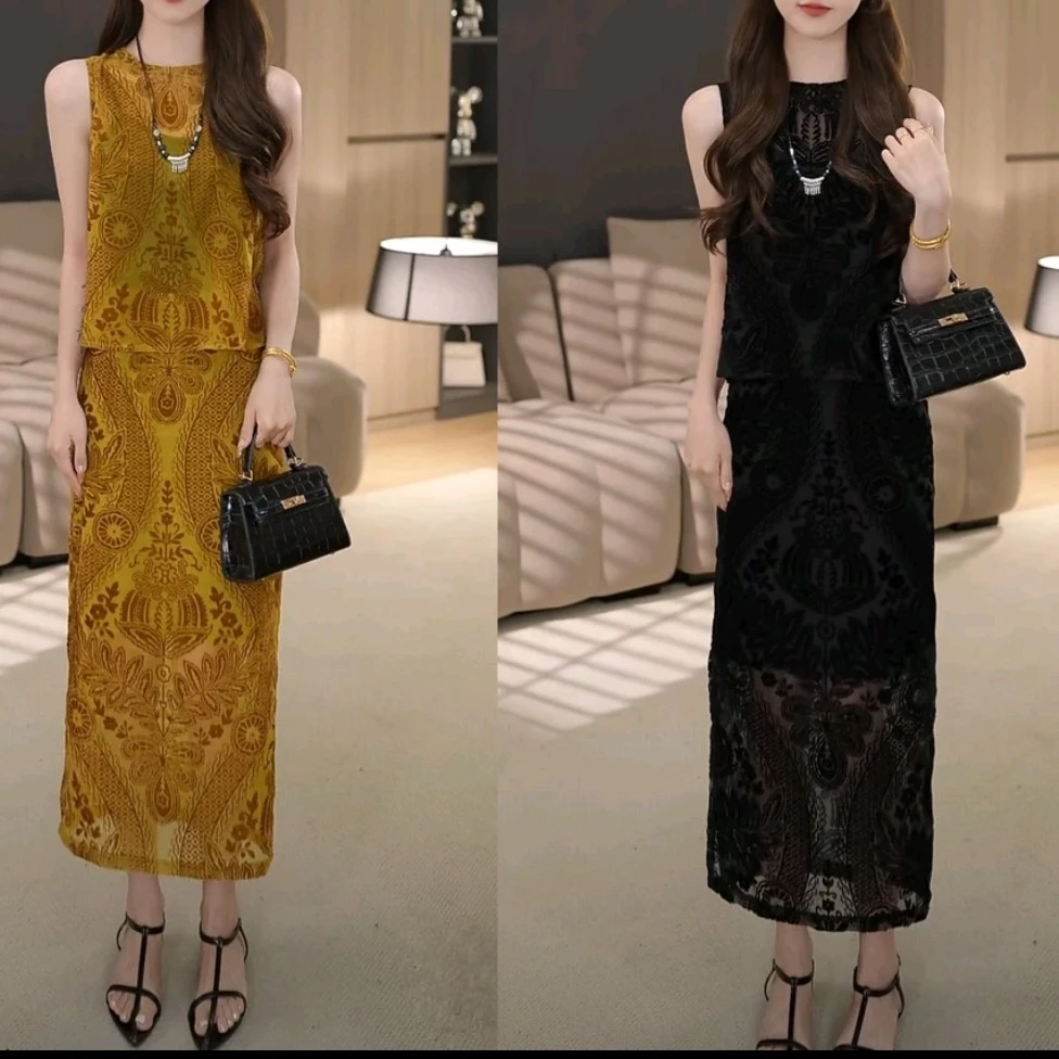 高级感轻奢复古夏季穿搭新款后背开叉提花裙子套装