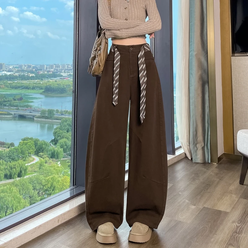 复古高腰阔腿弯刀休闲裤女秋冬时尚窄版显瘦运动显瘦香蕉裤女0938