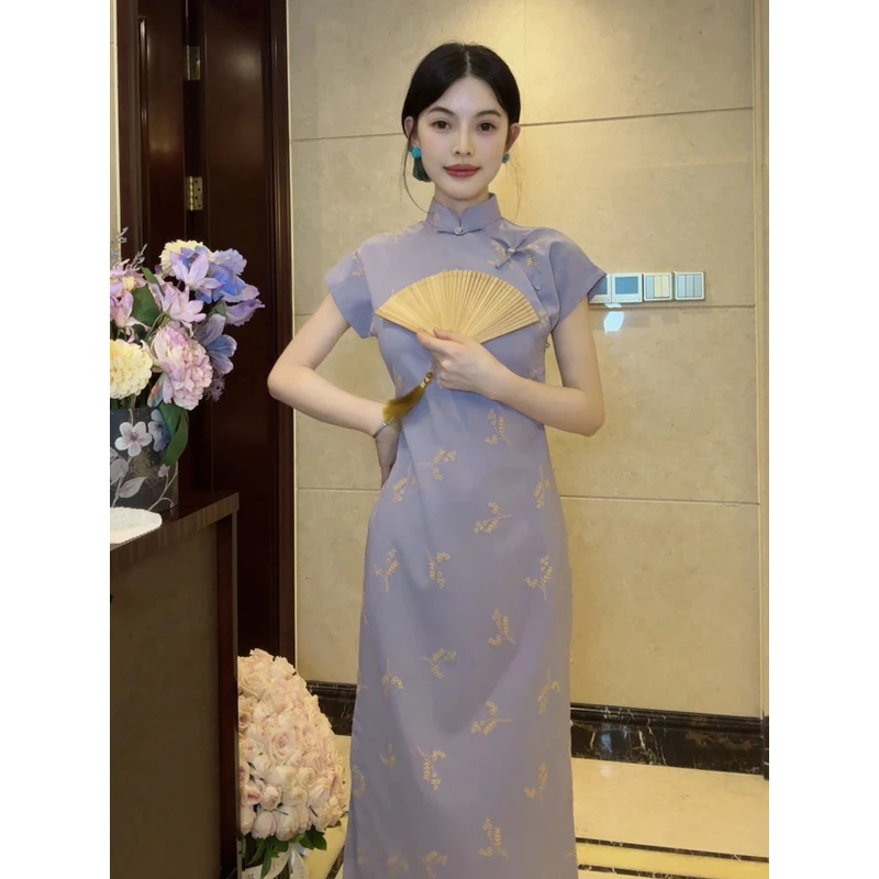 球球夫人丨紫穗125cm紫色全开襟送考（紫定能行）日常新款复古旗袍