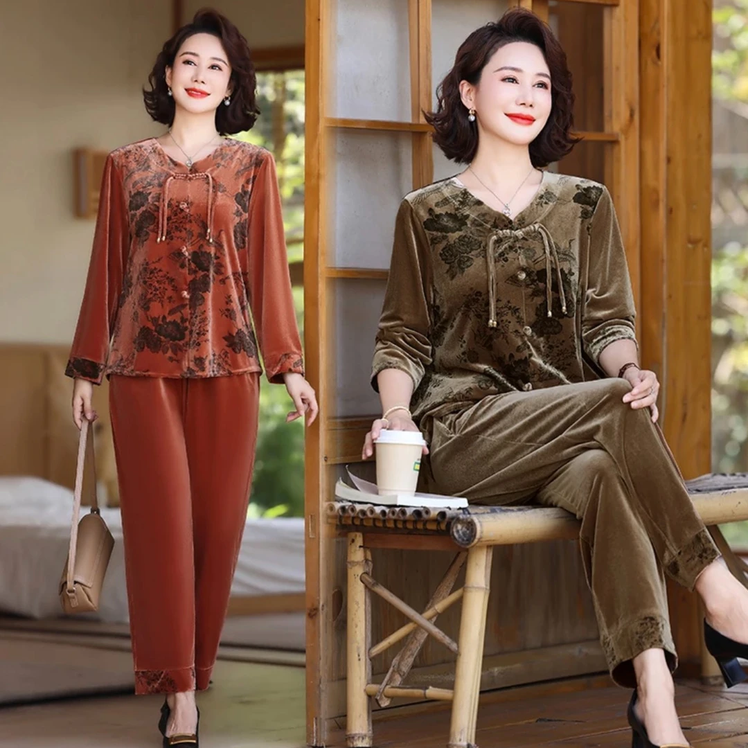 俞兆林2025新秋季服装中国风时尚套装金色天鹅绒上衣和裤妈妈秋装