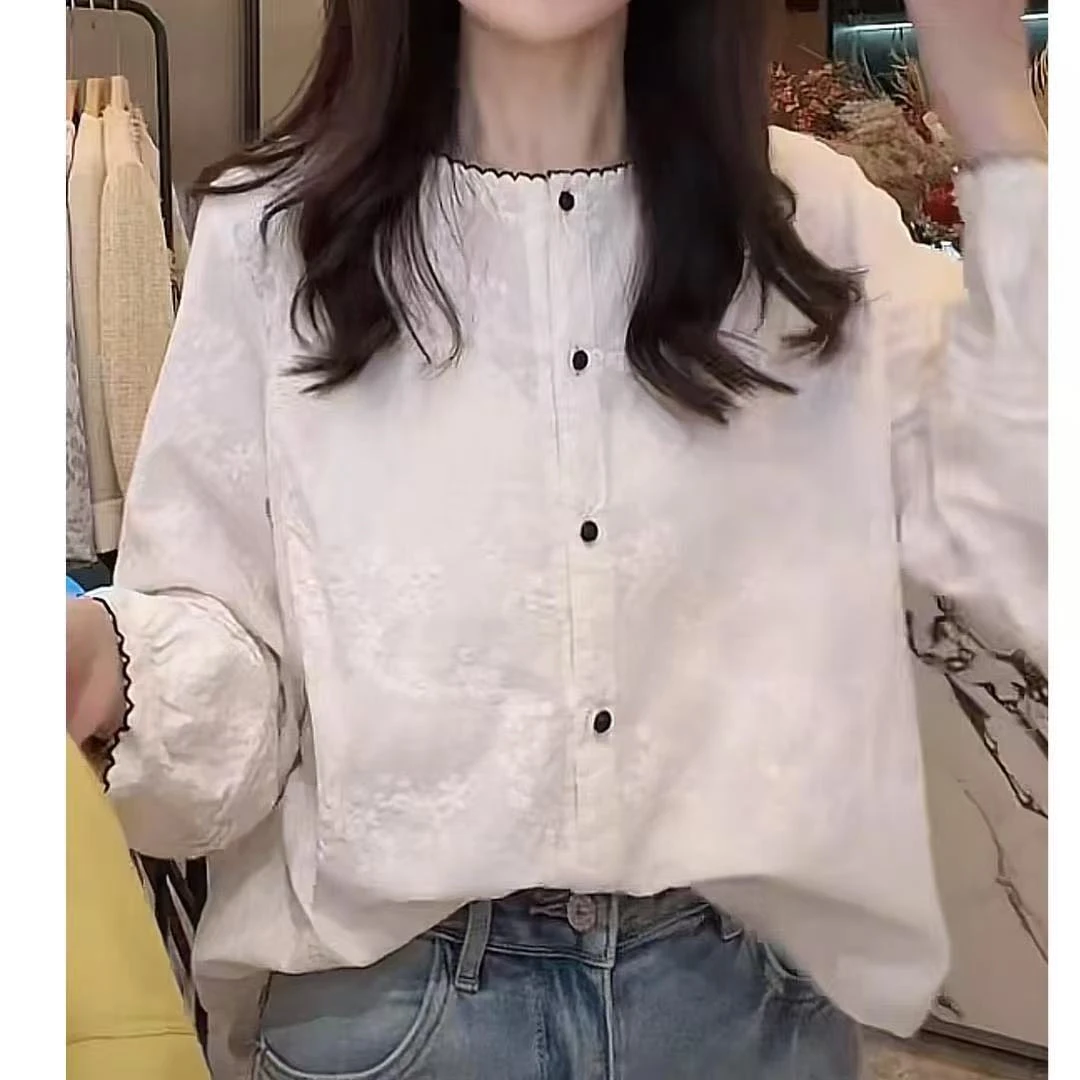 100%纯棉设计感刺绣圆领长袖衬衫女2025新款秋季流行减龄洋气上衣
