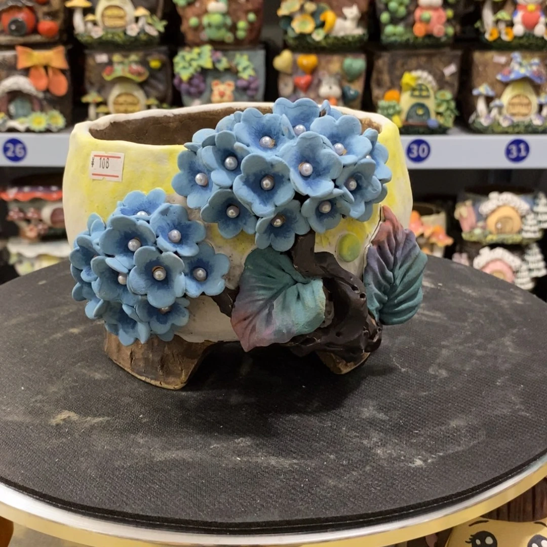 白狐粗陶手捏花盆