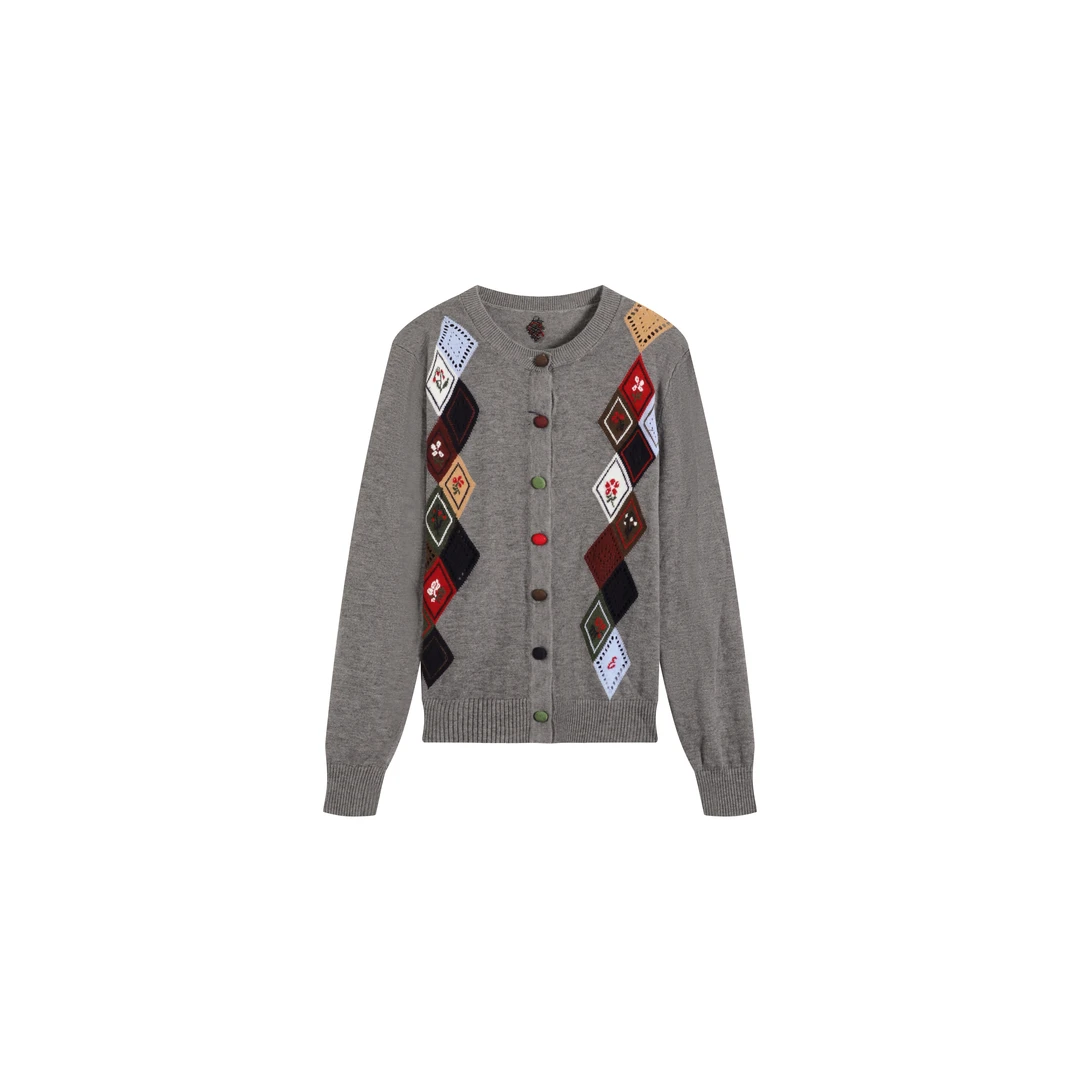 Y511【简一一专属】灰色针织开衫菱形格大气