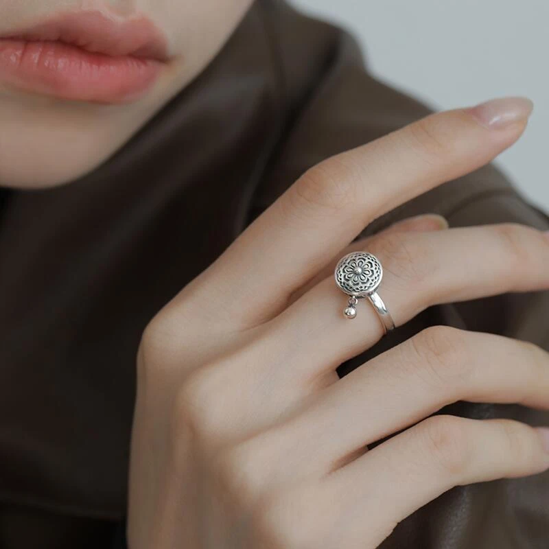 925银戒指 s925纯银复古民族风六字真经轮莲花转动手工戒指女开口