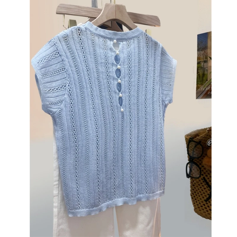 高级感蓝色镂空冰丝圆领针织衫短袖t恤女夏季设计感手工珍珠上衣