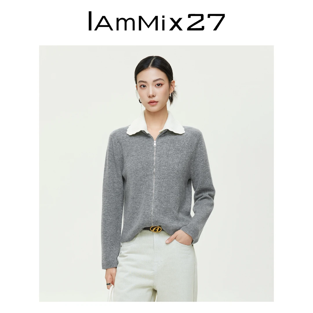 Iammix27花边领针织开衫女百搭绵羊毛混纺双拉链毛衣外套Z5C5007