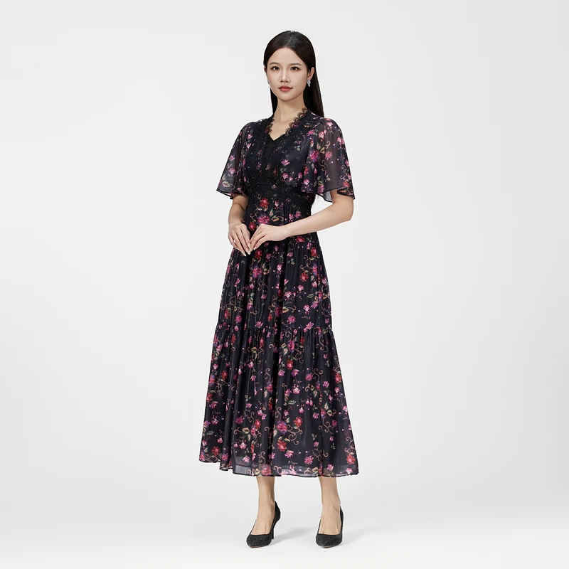 SUSSI古色丨“罗马假日”度假风V领荷叶短袖印花收腰褶摆连衣裙