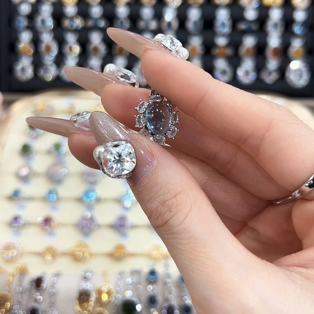 海蓝宝石戒指银S925镶嵌泡*^