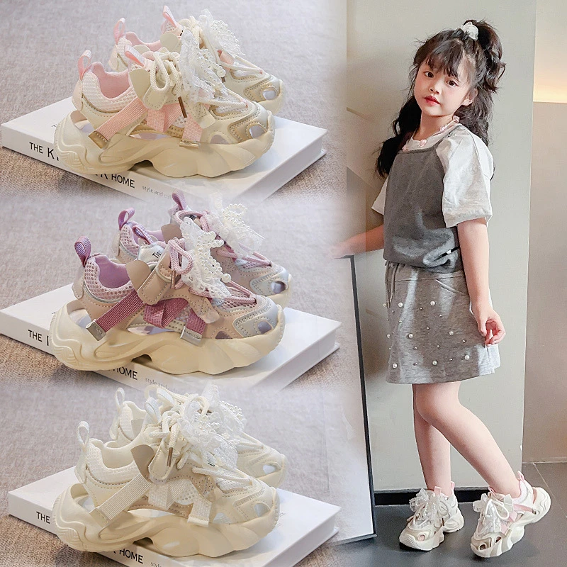 时尚配饰女宝宝休闲鞋2025年夏季爆款网面镂空包头女童凉鞋潮布面