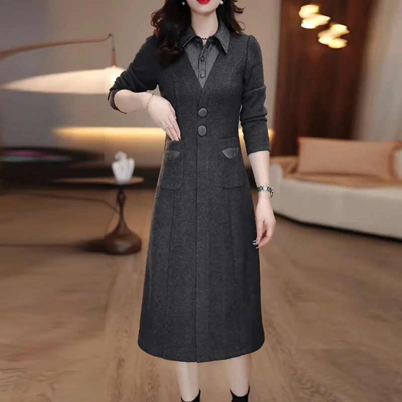 拉夏贝尔时尚假两件A字裙2025春秋新款修身显瘦中长款百搭打底裙