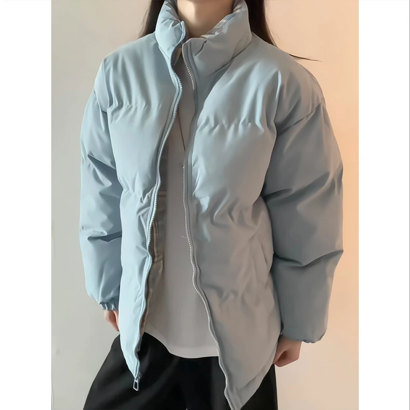 cleanfit蓝色格子拼接棉服外套男款冬季加厚立领面包服情侣装棉衣
