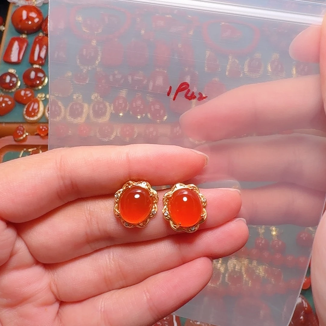 南红玛瑙银S925镶嵌耳饰