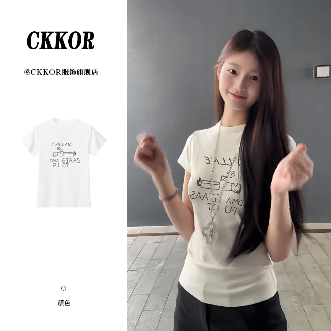 CKKOR美式学院风短袖t恤女夏季字母印花白色正肩圆领修身显瘦上衣