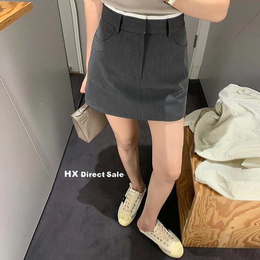 2025新款秋季灰色A字半身裙女拼色高腰显瘦裙子裙裤包臀西装短裙