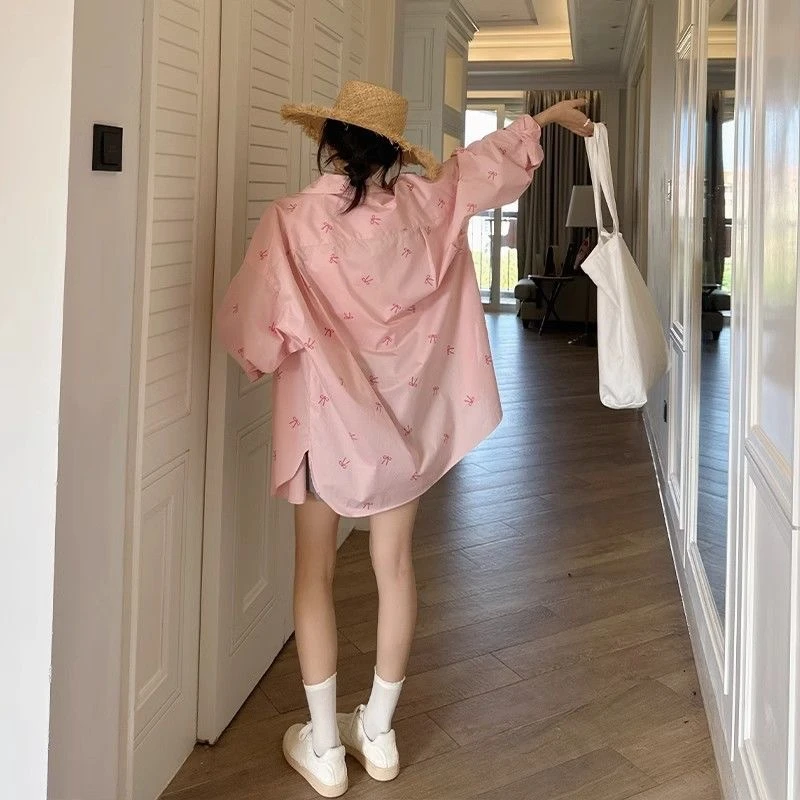 蝴蝶结印花长袖衬衫女早秋新款polo领宽松中长款小众防晒开衫外套