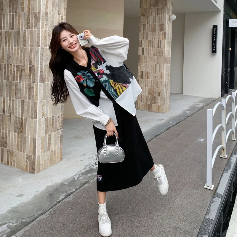 2025新款超火设计小众一整套ootd韩系氛围感假两件套装裙女春秋季