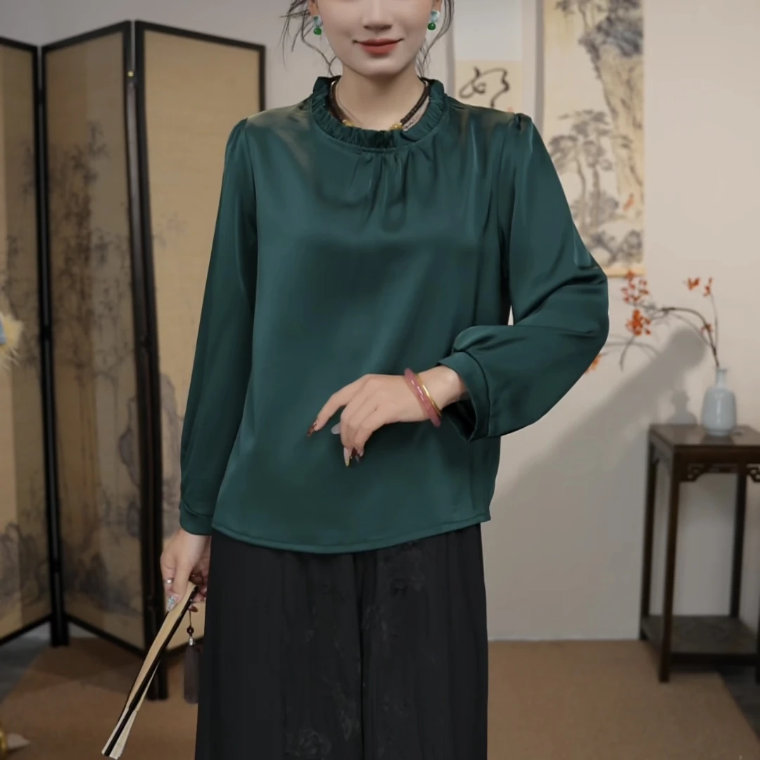 【听松】宽松显瘦吸汗长袖常规轻职风立体花苞袖T恤绿色气质内搭女