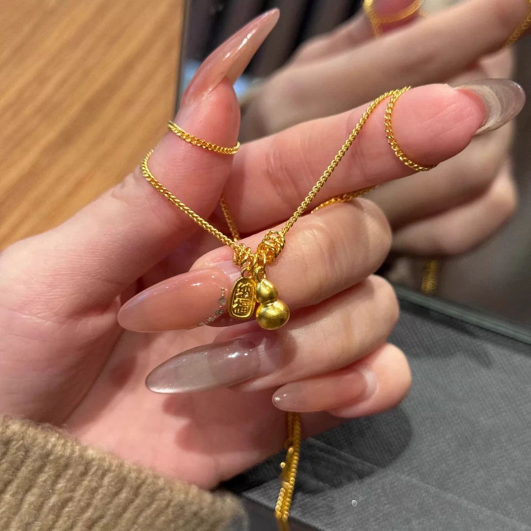 铜合金项链 【招财纳福小金色葫芦项链】古法可调节百搭实心不掉色