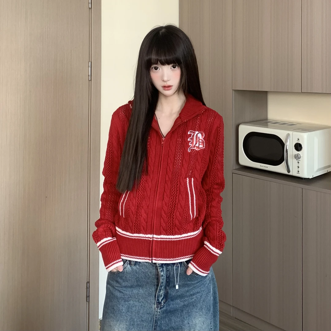 TOM潮 美式复古麻花立领红色慵懒修身设计师长袖秋季厚款毛衣女