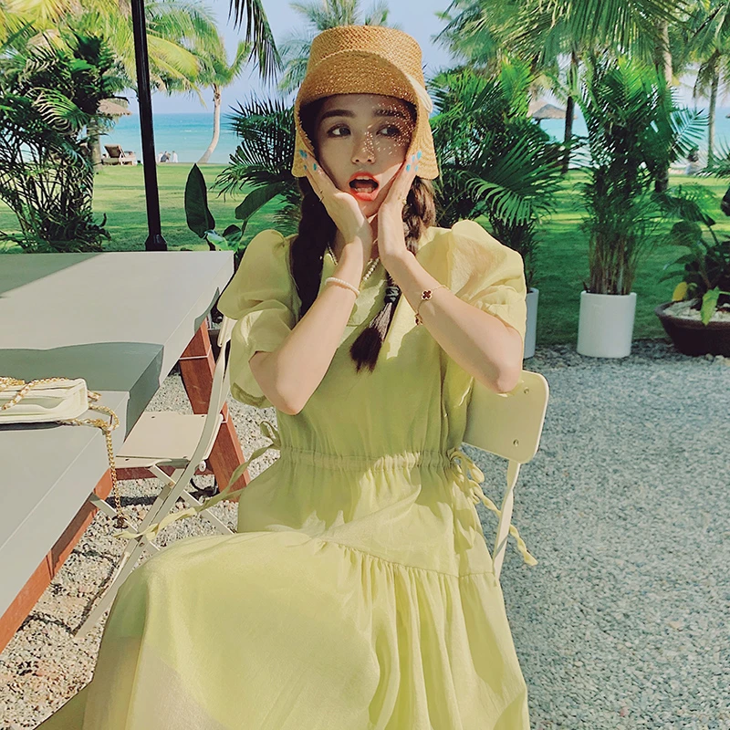 温柔风泡泡袖绿色连衣裙女夏新款法式茶歇甜美纯欲茶歇长裙子