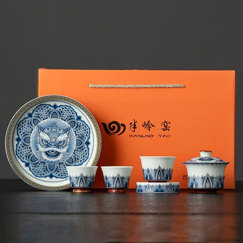 半岭窑墨彩醒狮悬停旋转功夫茶具套装三才盖碗高档商务礼品伴手礼