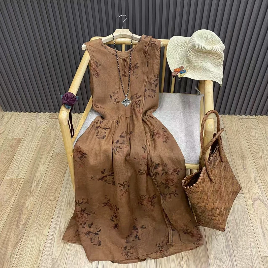 复古印花圆领无袖苎麻连衣裙文艺宽松套头开叉中长背心裙女Q82028