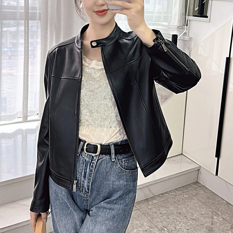 日韩单海宁皮衣2025春秋新款进口绵羊皮短款简约真皮皮衣夹克外套