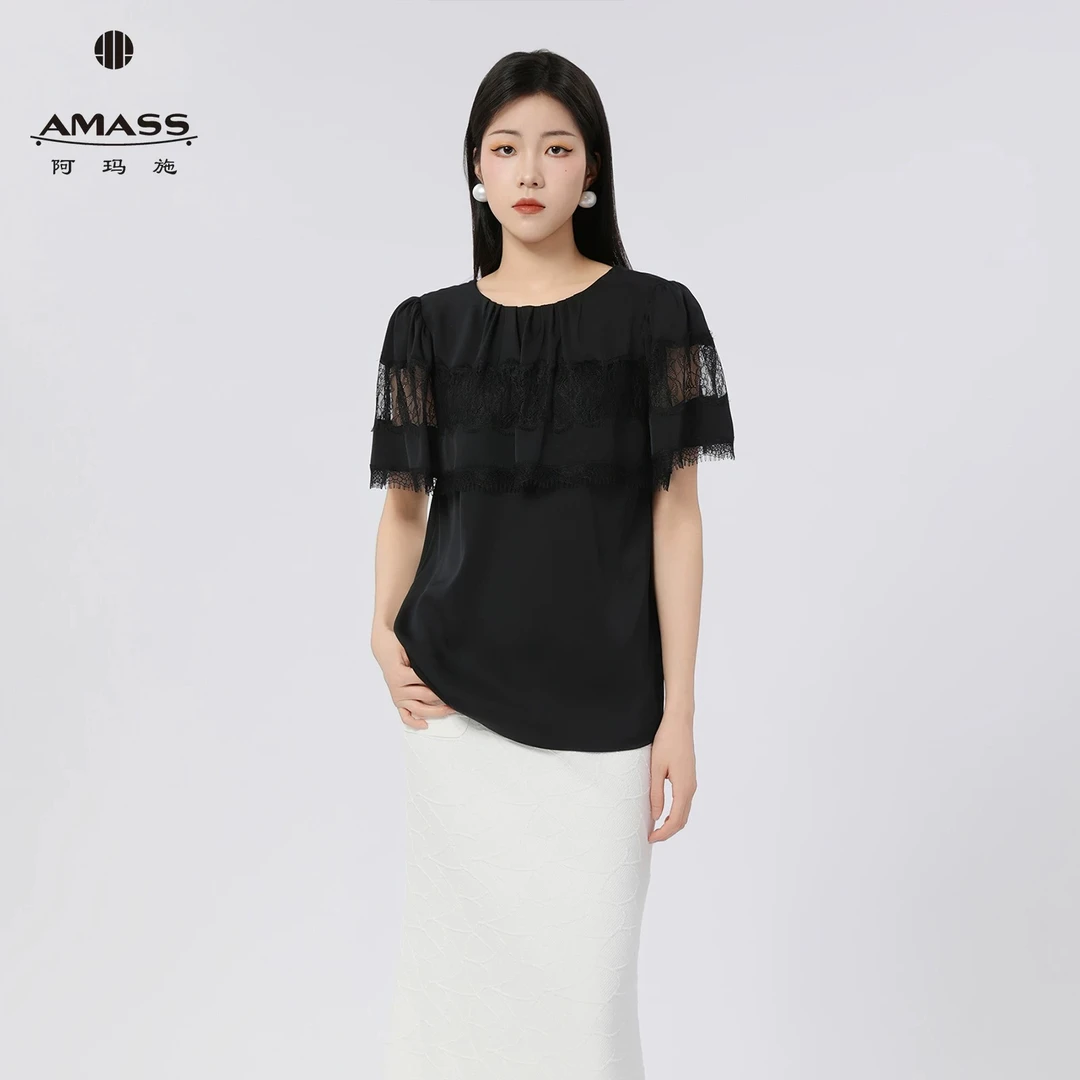 【桑蚕丝】阿玛施新款气质典雅上衣时尚蕾丝拼接设计T恤女530018