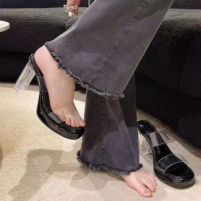 百搭时尚法式水晶透明凉拖鞋女外穿2024夏季新款高跟鞋女粗跟凉鞋