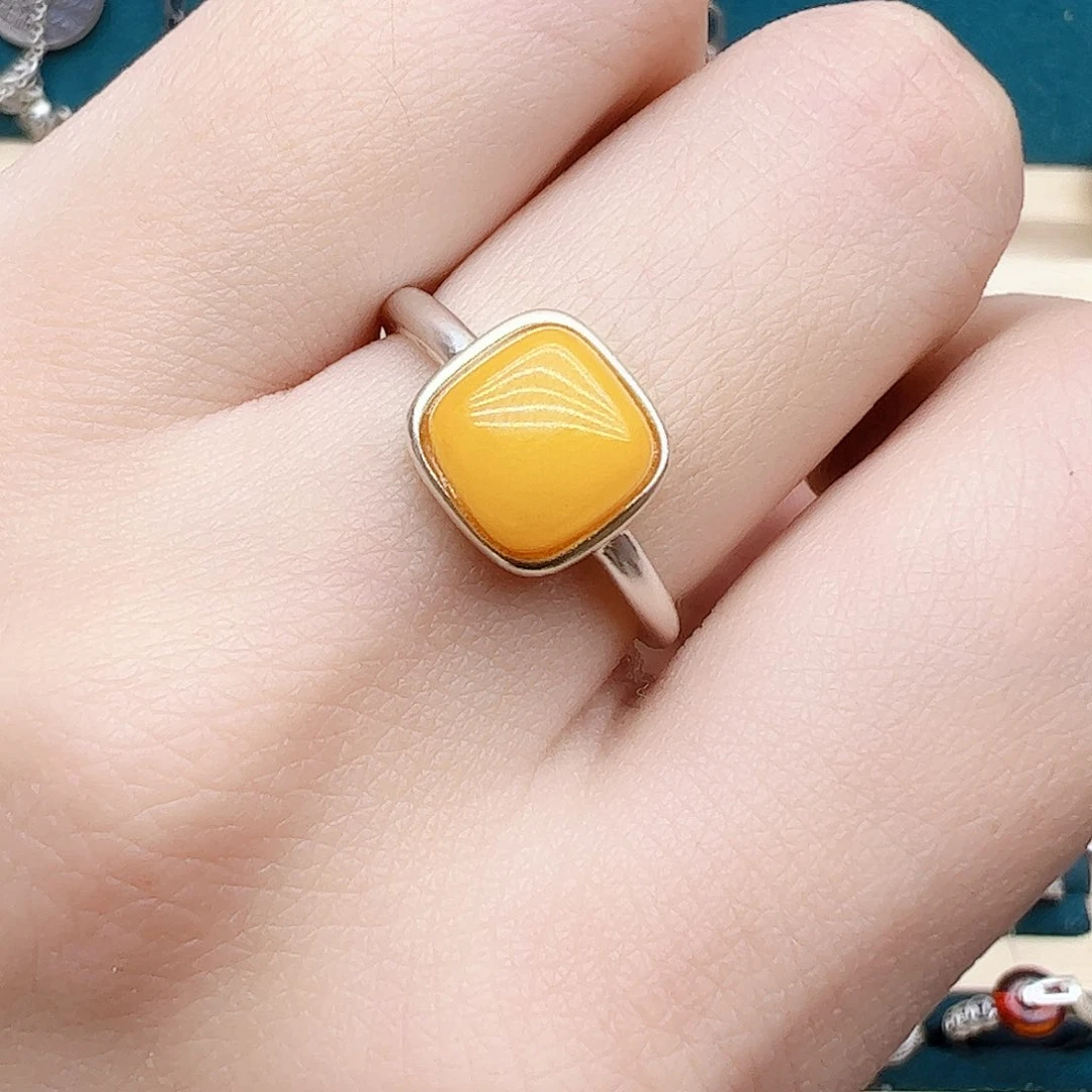 蜜蜡戒指银S925镶嵌天然