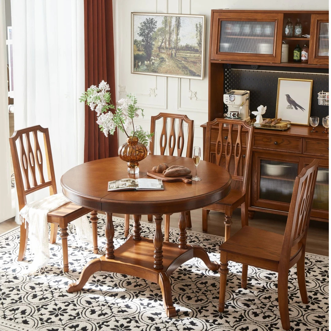 客拉客美式实木圆餐桌可伸缩折叠设计简约家用圆形轻奢两用饭桌