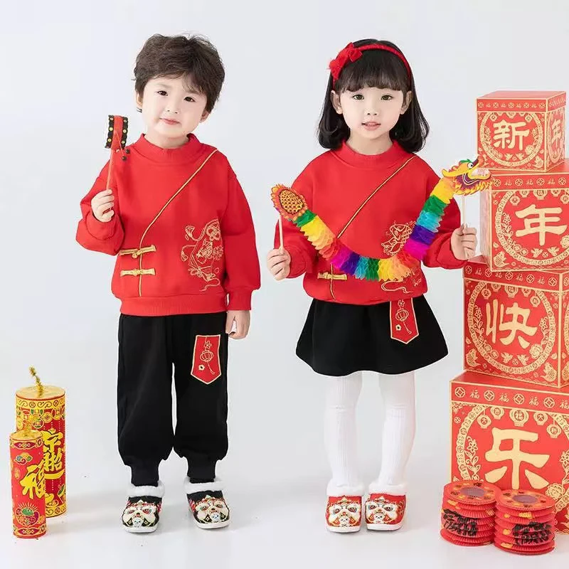 9017男女童古装盘扣红色喜庆拜过年衣服龙凤胎套装儿童兄妹姐弟装