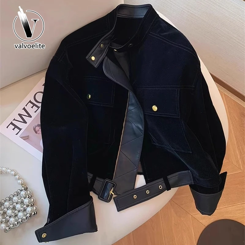 VALVOELITE复古黑色pu皮拼接绒面立领外套男装2024秋冬短款夹克男