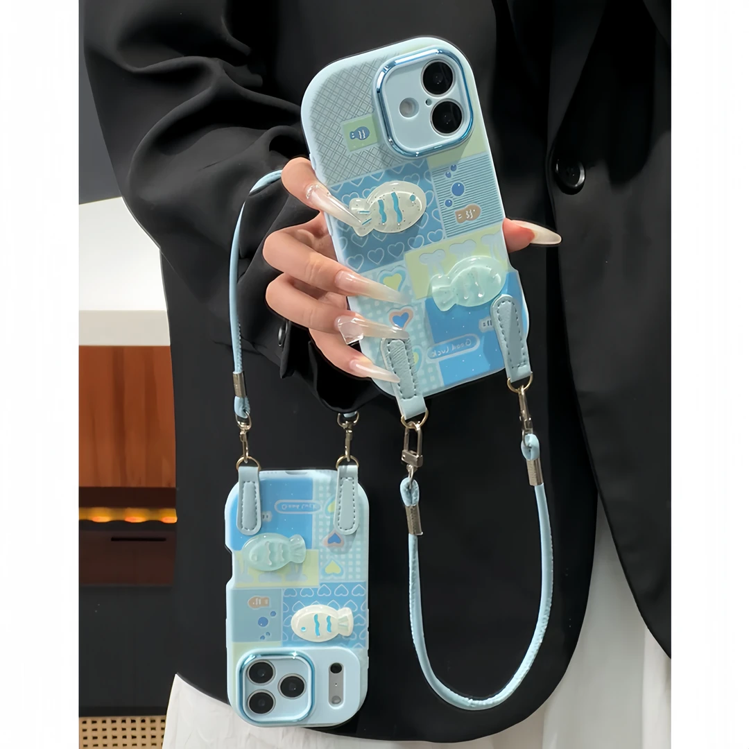 拼接海洋立体小鱼挂绳适用苹果17华为P70手机壳vivoppo小米16套15