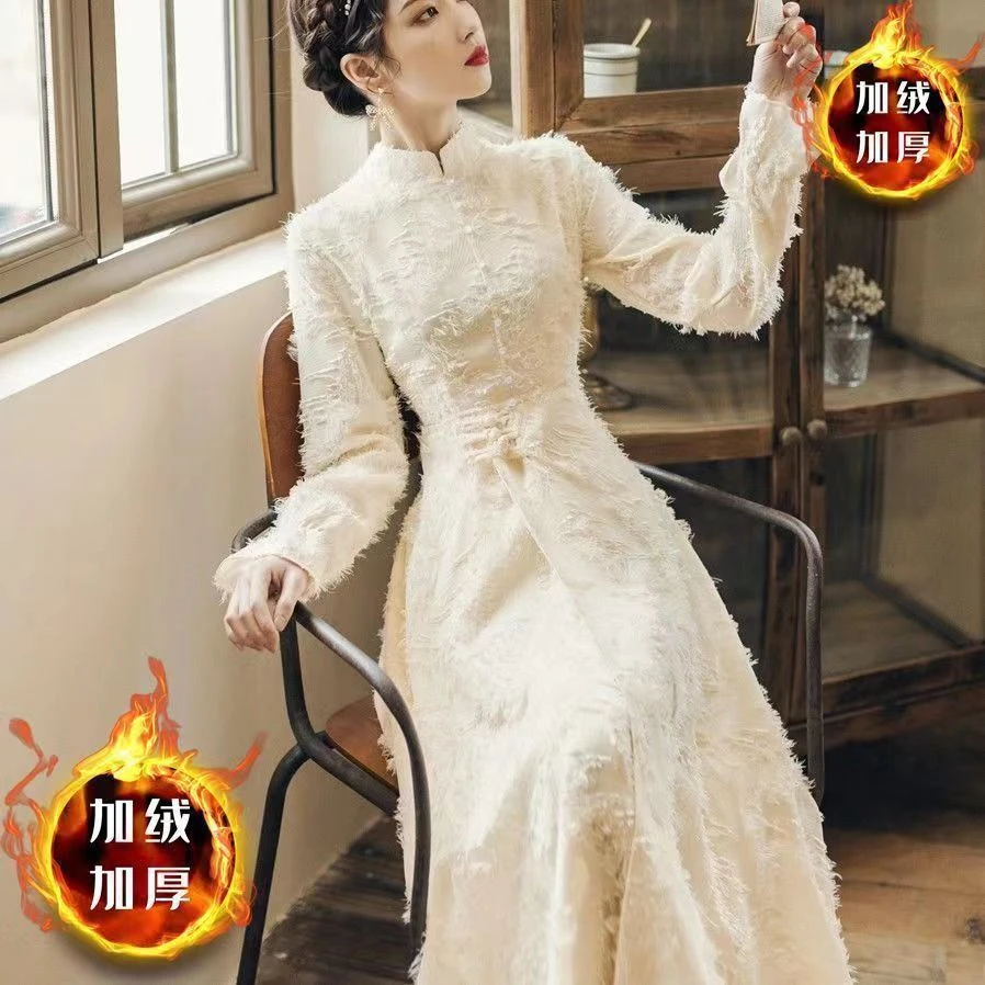 新款2025时尚改良年轻款加厚冬季配大衣打底内搭连衣旗袍裙子