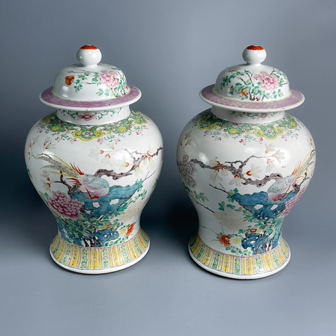 瓷器/古董清光绪锦上添花将军罐一对M25AO000226收藏/文物/绣花张