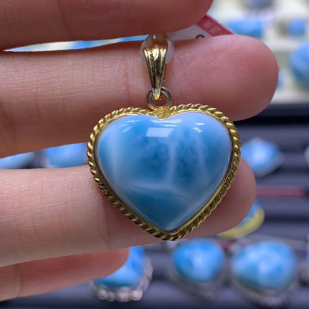 针钠钙石（海纹石）银S925镶嵌吊坠(不含链)爱心吊坠色差略异