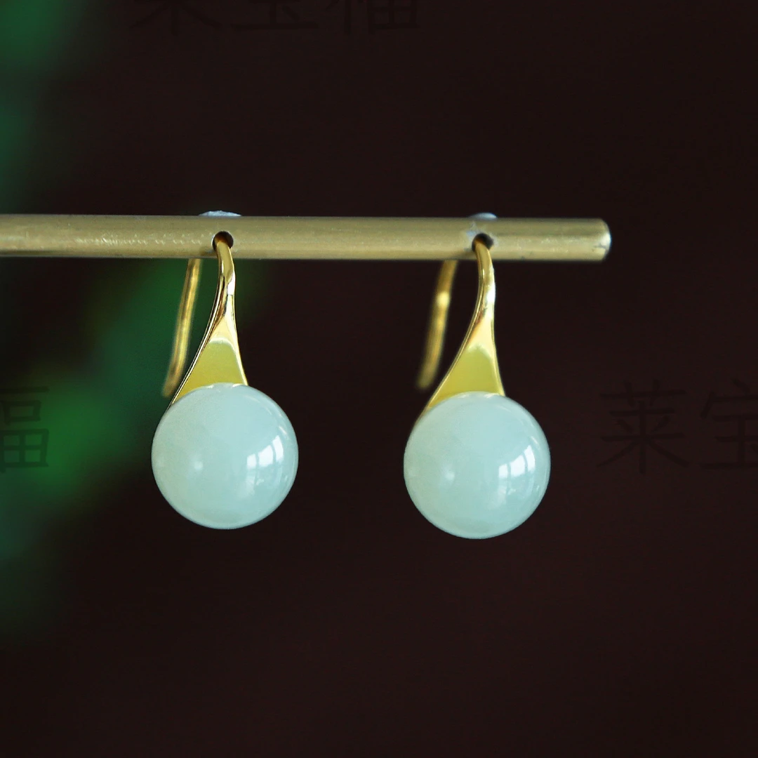 简约时尚天然真和田玉高跟鞋圆珠耳坠 S925银镶玉石耳钩生日礼物