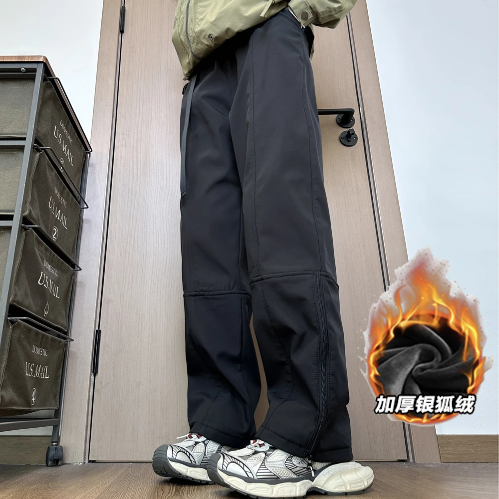 猎雀宽松型休闲裤工装裤冬季保暖男士运动银狐绒拼接防风裤口拉链