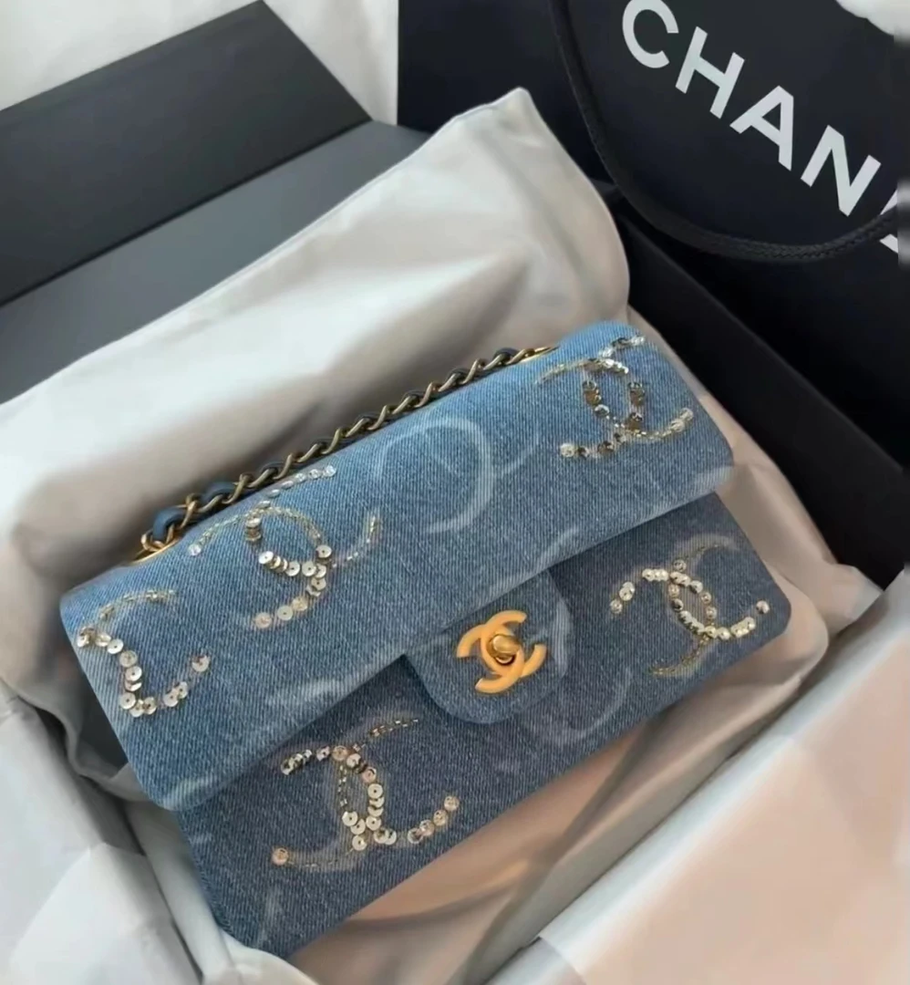 未使用 Chanel/香奈儿 蓝色牛仔亮片小号cf包 23cm 15726763