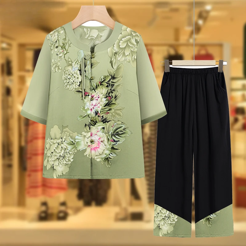 中老年人夏装套装女奶奶2025新款雪纺妈妈夏季上衣老太太衣服