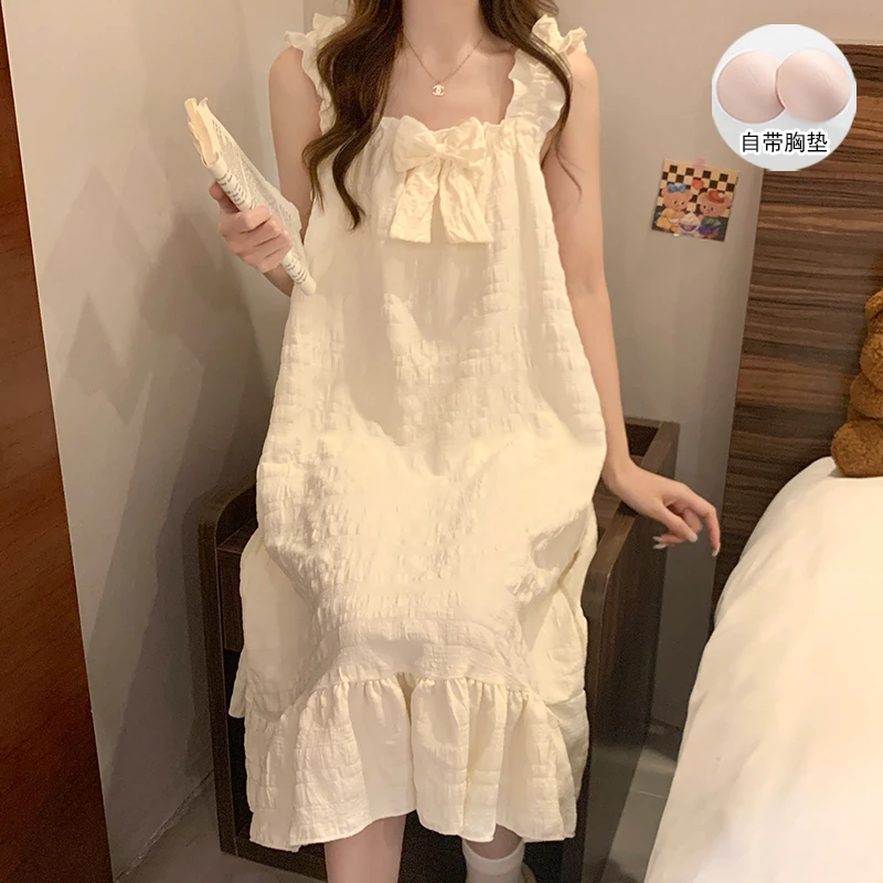 2025薄款ins简约风家居服睡裙女夏季新款可外穿带胸垫吊带连衣裙