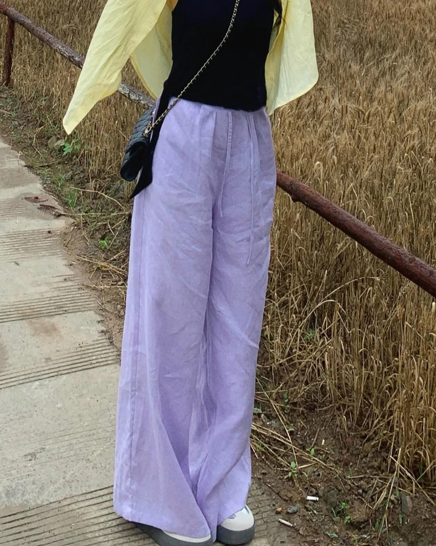 女士薄款老钱风高腰长裤阔腿裤休闲裤宽松紫色裤子垂感亚麻裤子